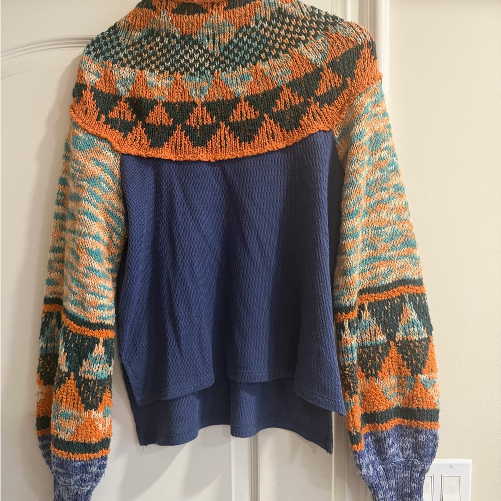 Free People Orange and Blue Knit Sweater